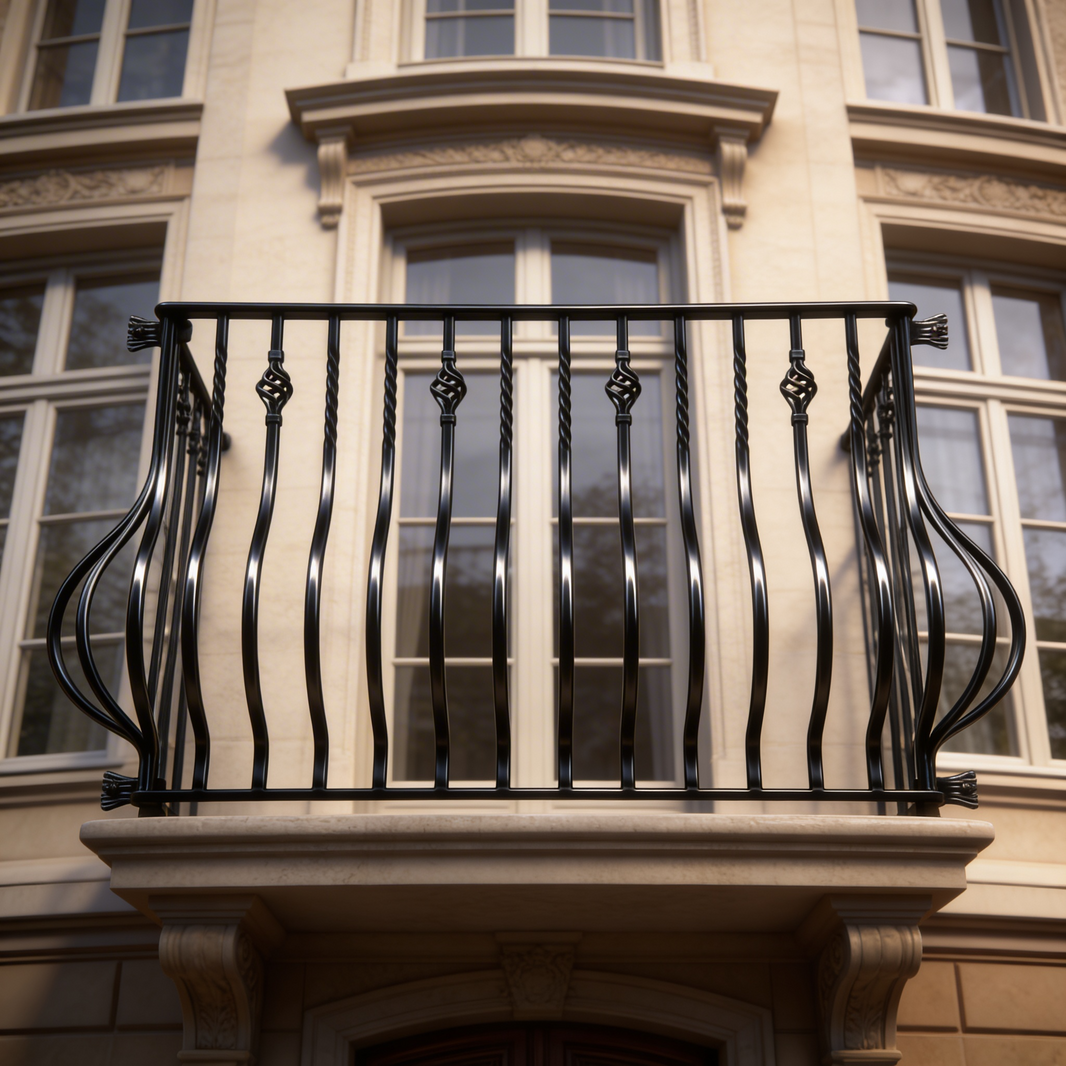 Ornamental Wrought Iron Balcony Railing | Handmade Decorative Twisted‑Baluster Juliet Balcony for Luxury Homes Model # DRP9822