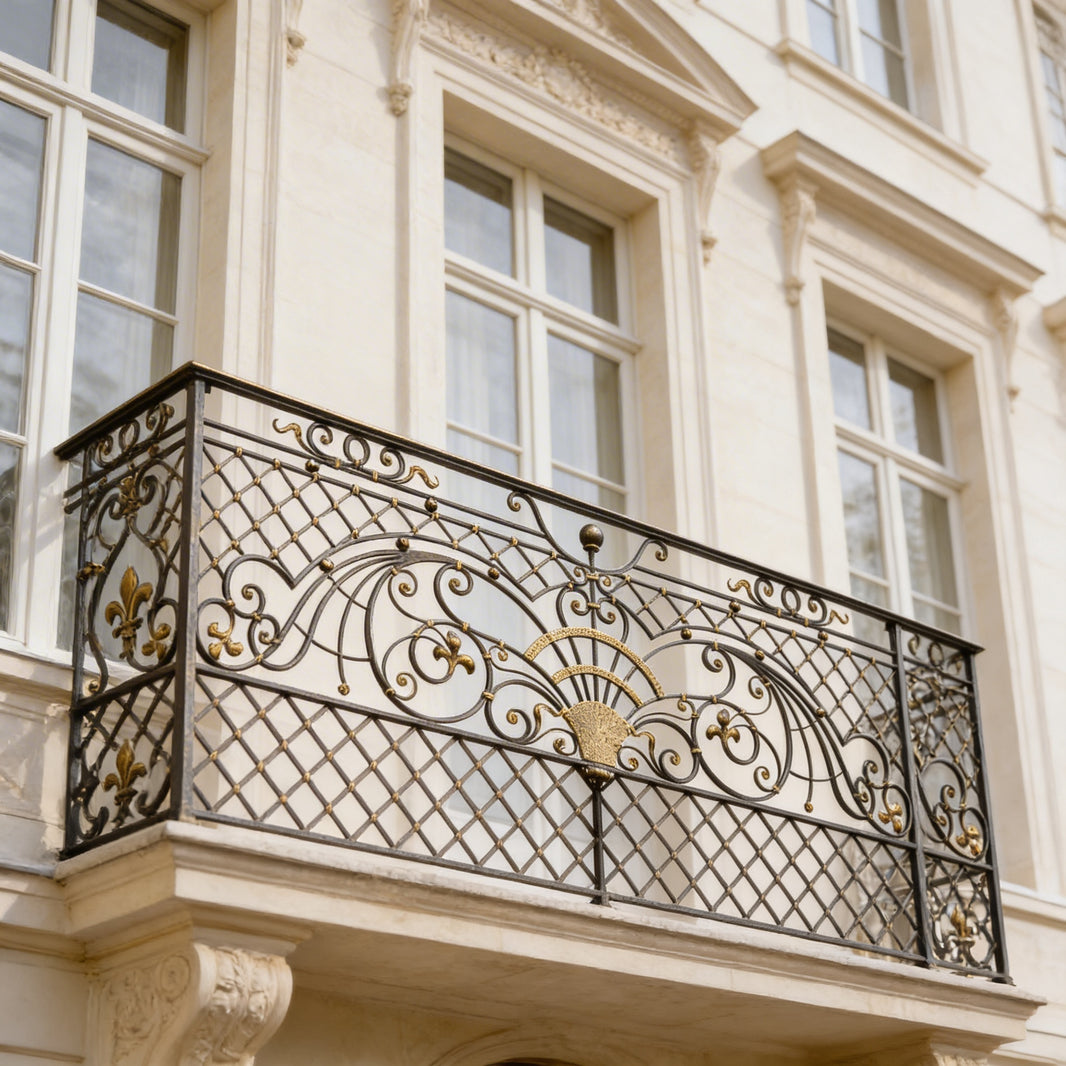 Ornamental Wrought Iron Fence Panel | Handmade Decorative Scrollwork & Fleur‑de‑Lis Cast‑Iron Design for Luxury Homes Model # DRP990