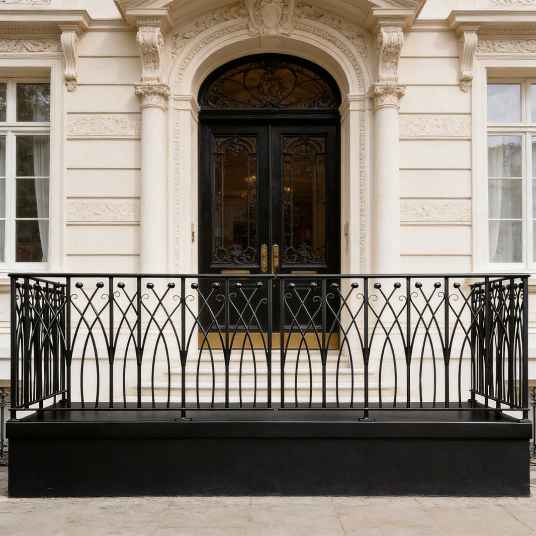 Ornamental Wrought Iron Balcony Railing | Handmade Decorative Arch‑Scroll Juliet Balcony for Luxury Homes Model # DRP9922