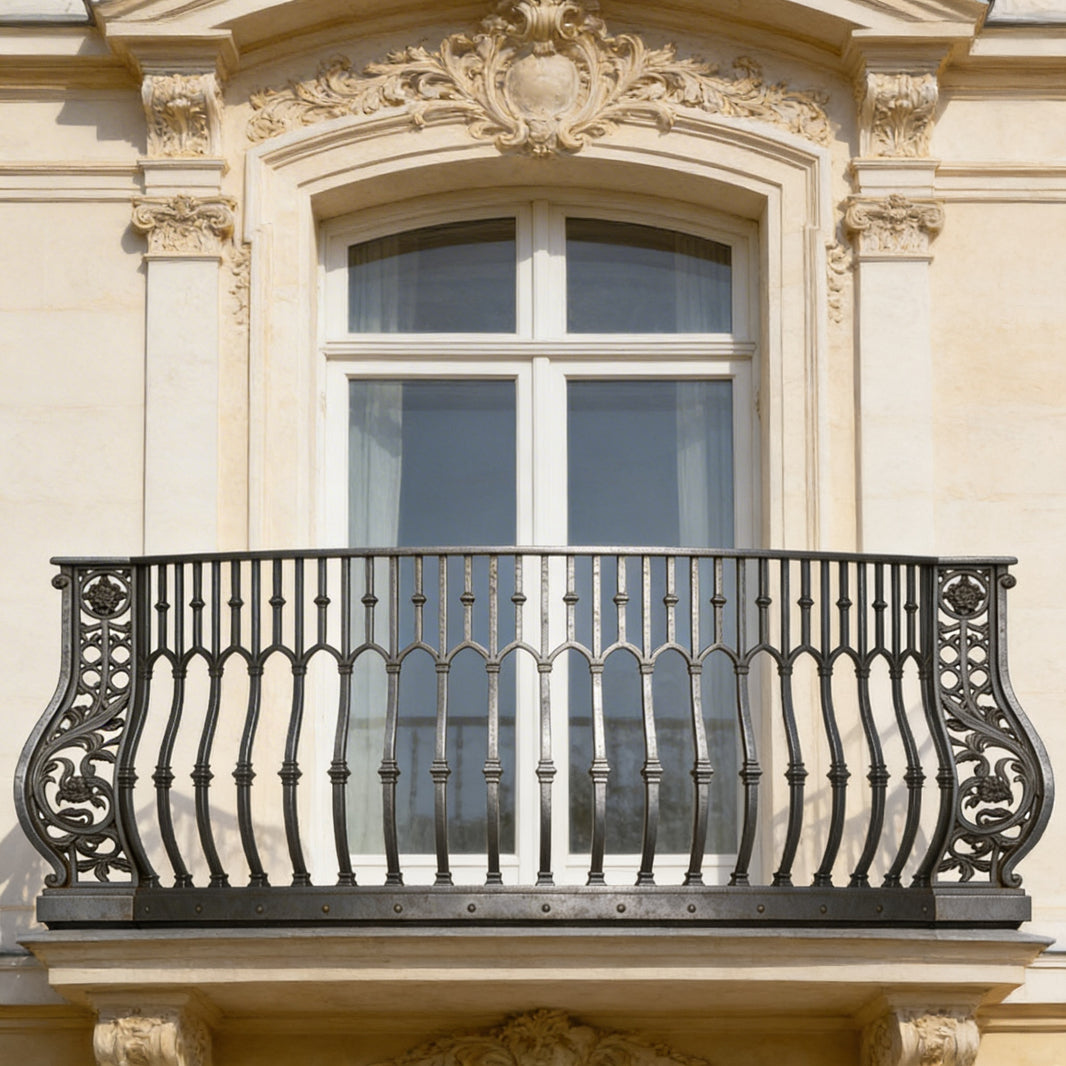 Ornamental Wrought Iron Balcony Railing | Handmade Decorative Scroll‑and‑Floral Juliet Balcony for Luxury Homes Model # DRP995