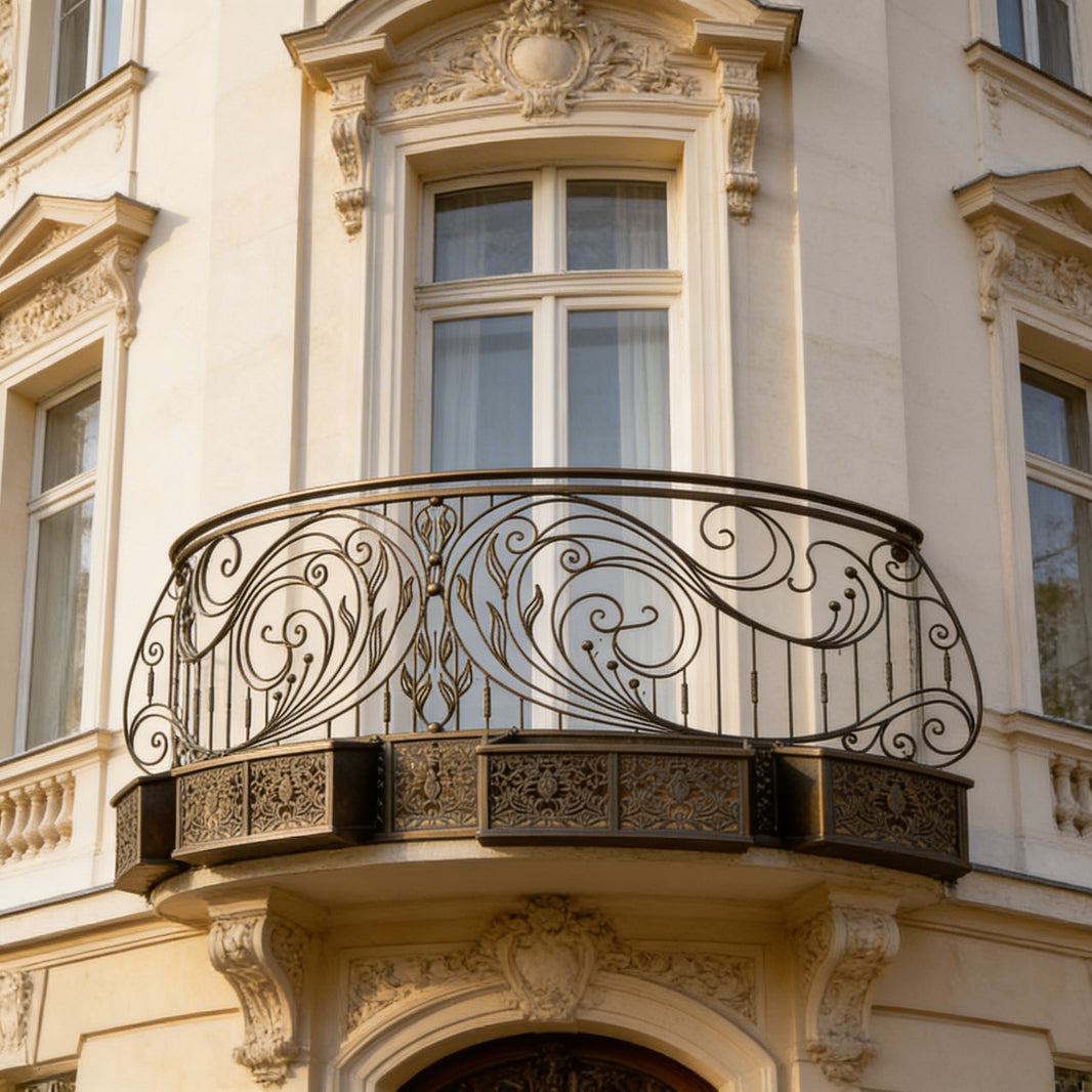 Ornamental Wrought Iron Balcony Railing | Handmade Decorative Floral‑Scroll Juliet Balcony for Luxury Homes Model # DRP996