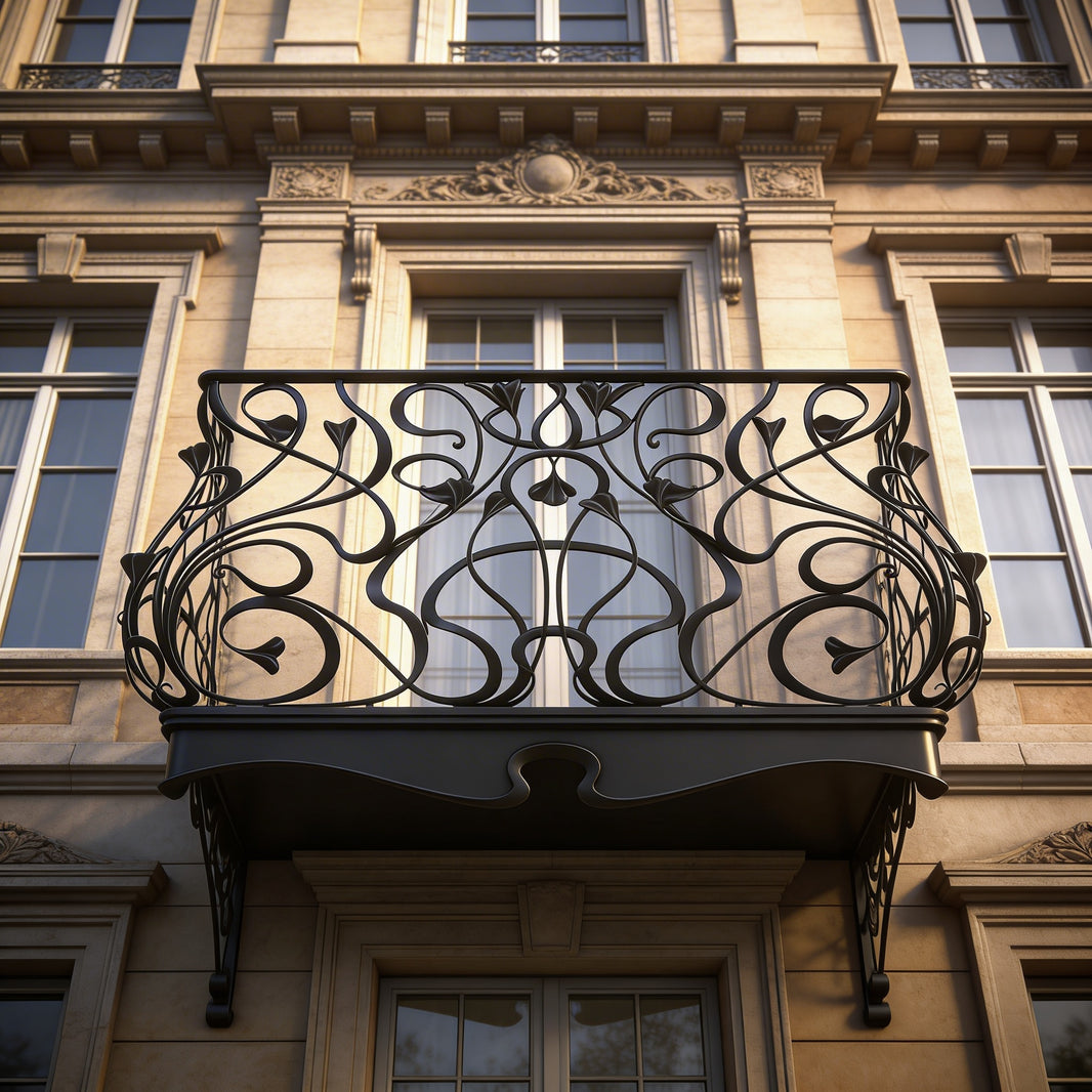 Ornamental Wrought Iron Balcony Railing | Handmade Decorative Floral‑Scroll Juliet Balcony for Luxury Homes Model # DRP997