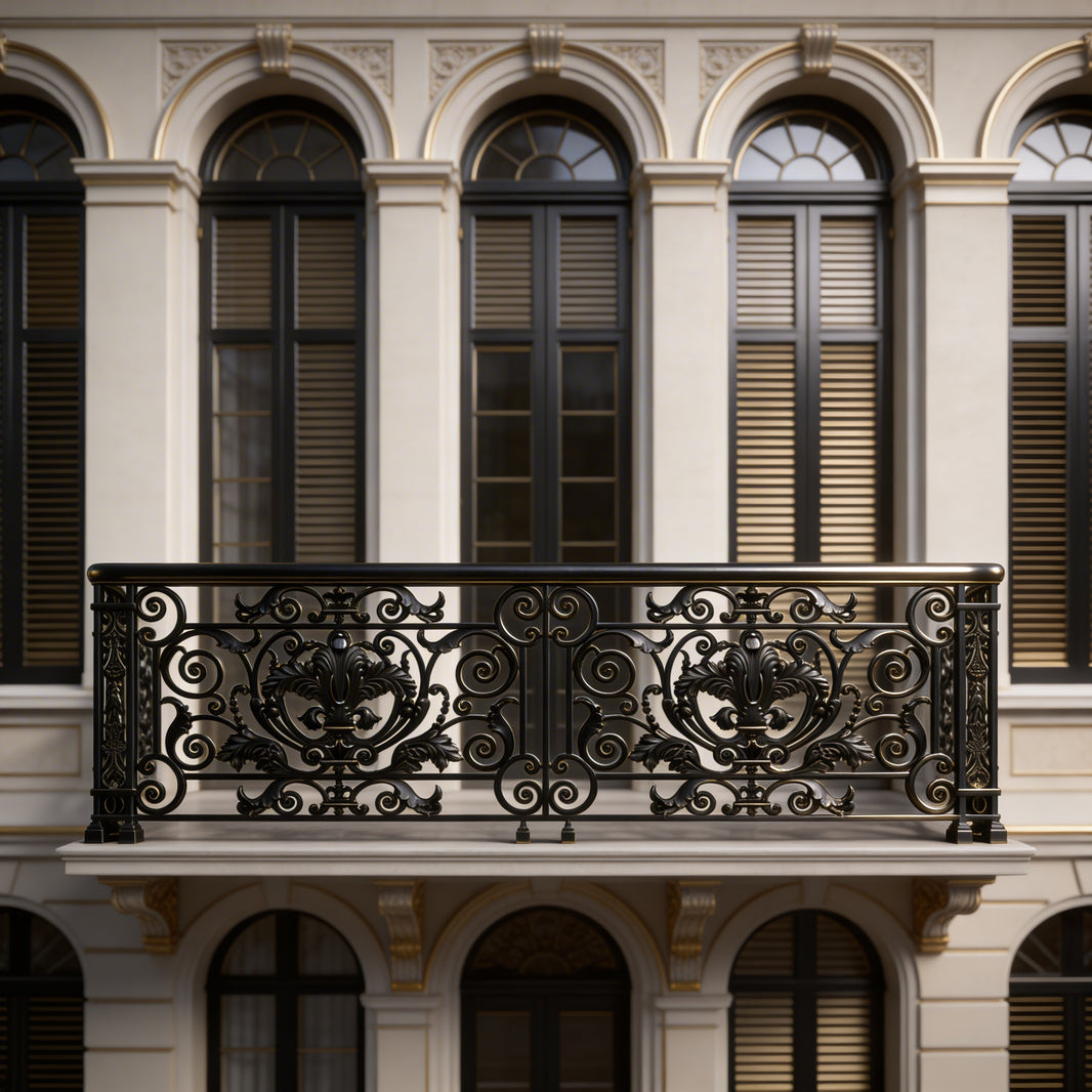 Ornamental Wrought Iron Railing Panel | Handmade Decorative Floral‑Scroll Cast‑Iron Design for Luxury Homes Model # DRP998
