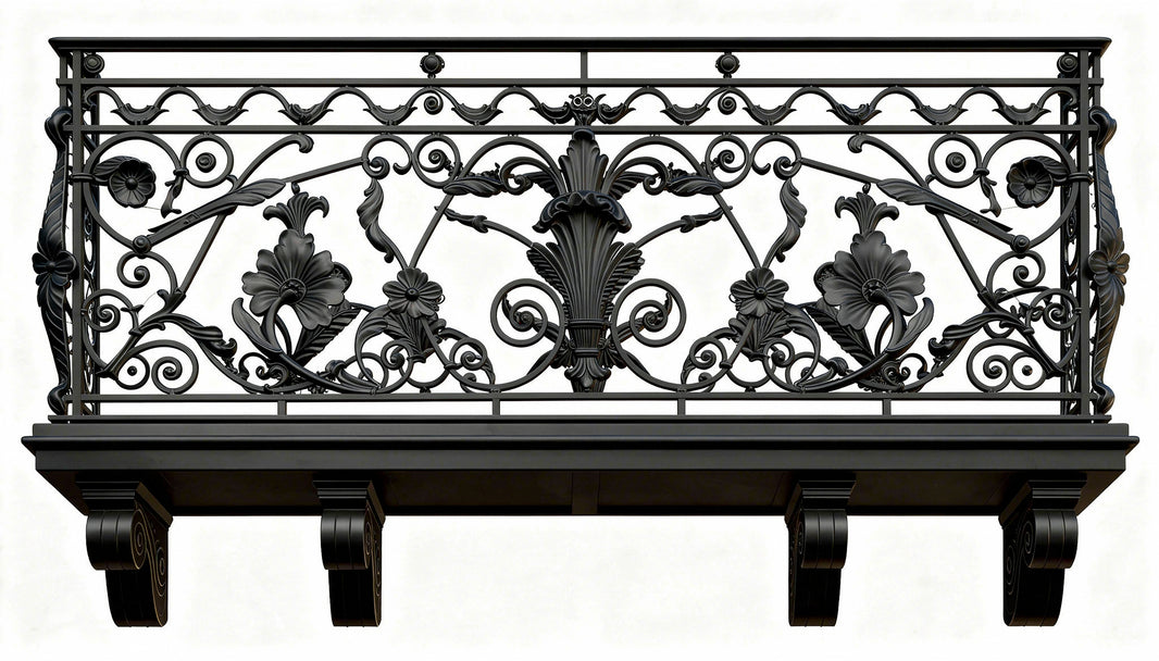 Ornamental Wrought Iron Balcony Railing | Handmade Decorative Floral‑Scroll Juliet Balcony for Luxury Homes Model # DRP999