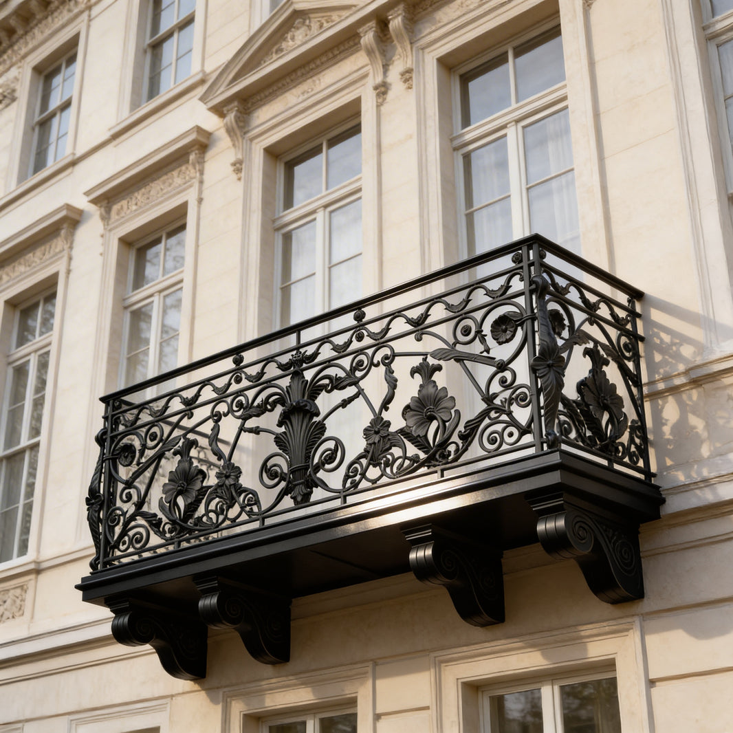 Ornamental Wrought Iron Balcony Railing | Handmade Decorative Floral‑Scroll Juliet Balcony for Luxury Homes Model # DRP999