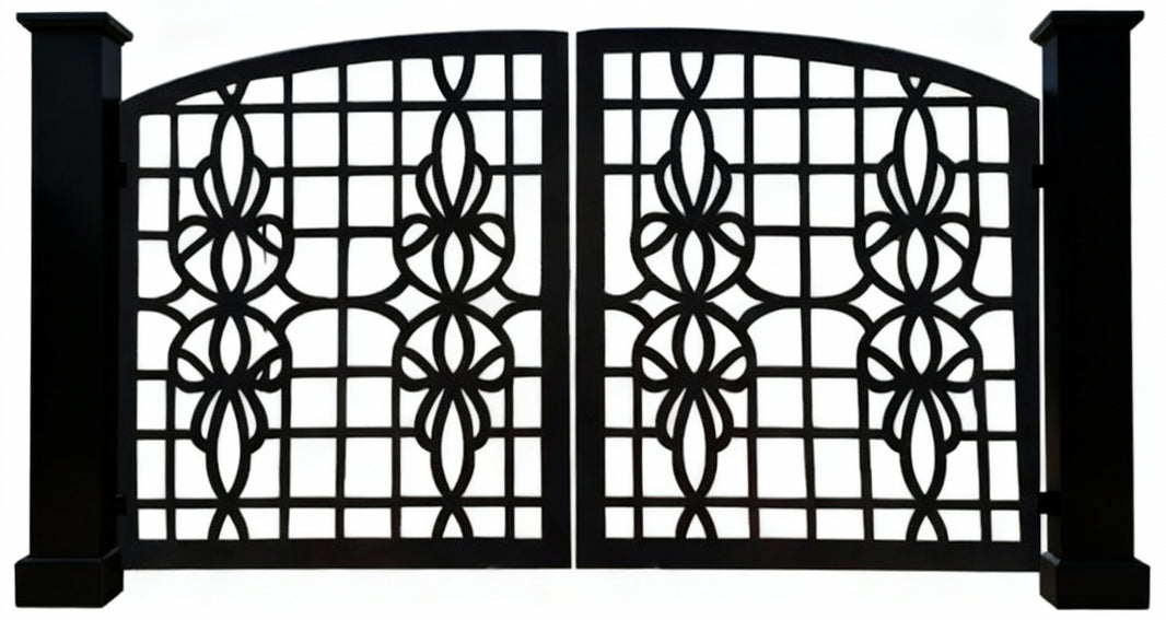 Latticecrest Harmony – Wrought Iron Gate with Geometric Scroll Panels Model # DWG030