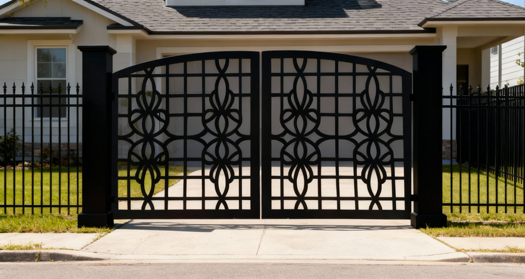 Latticecrest Harmony – Wrought Iron Gate with Geometric Scroll Panels Model # DWG030