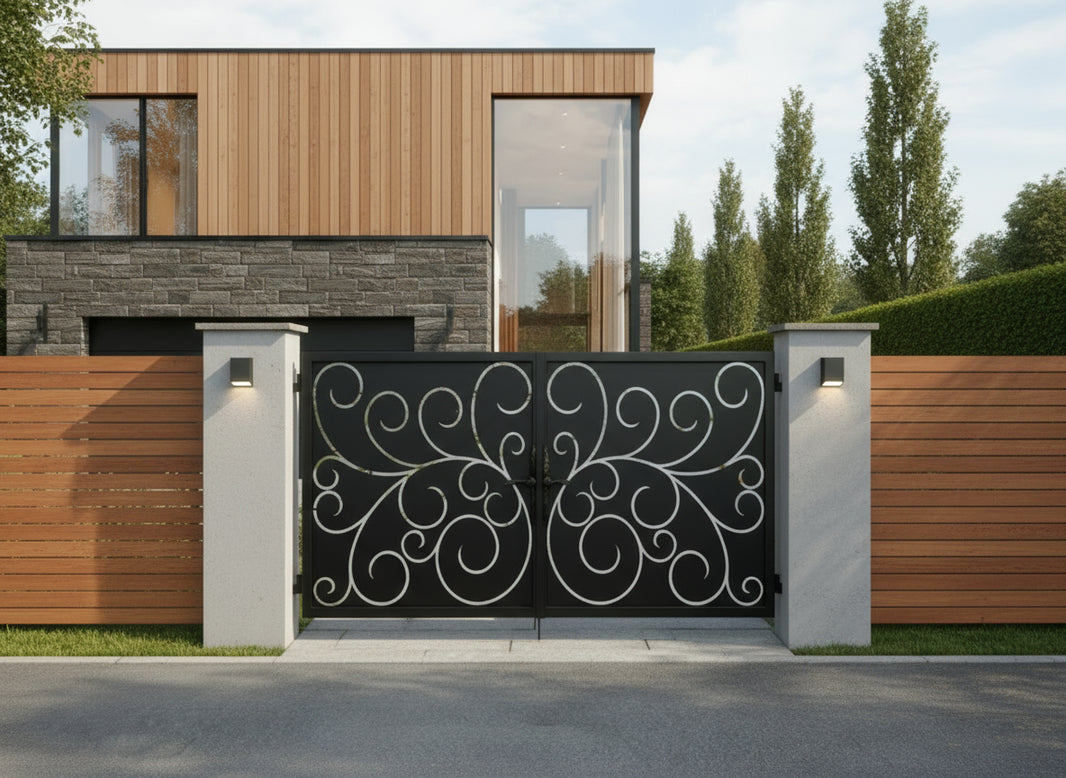 Silver Swirl Gate – Modern Artistic Wrought Iron Driveway Gate Model # DWG043