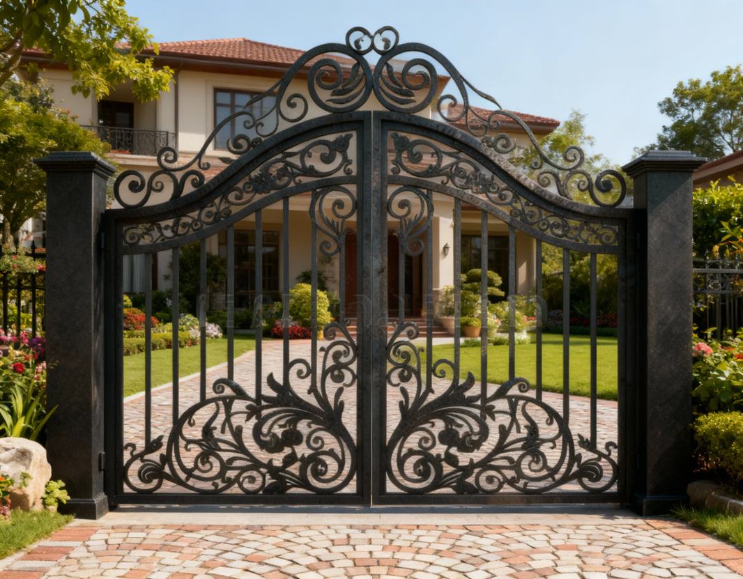 Imperial Crest Wrought Iron Driveway Gate – Double Panel with Decorative Columns Model DWG084