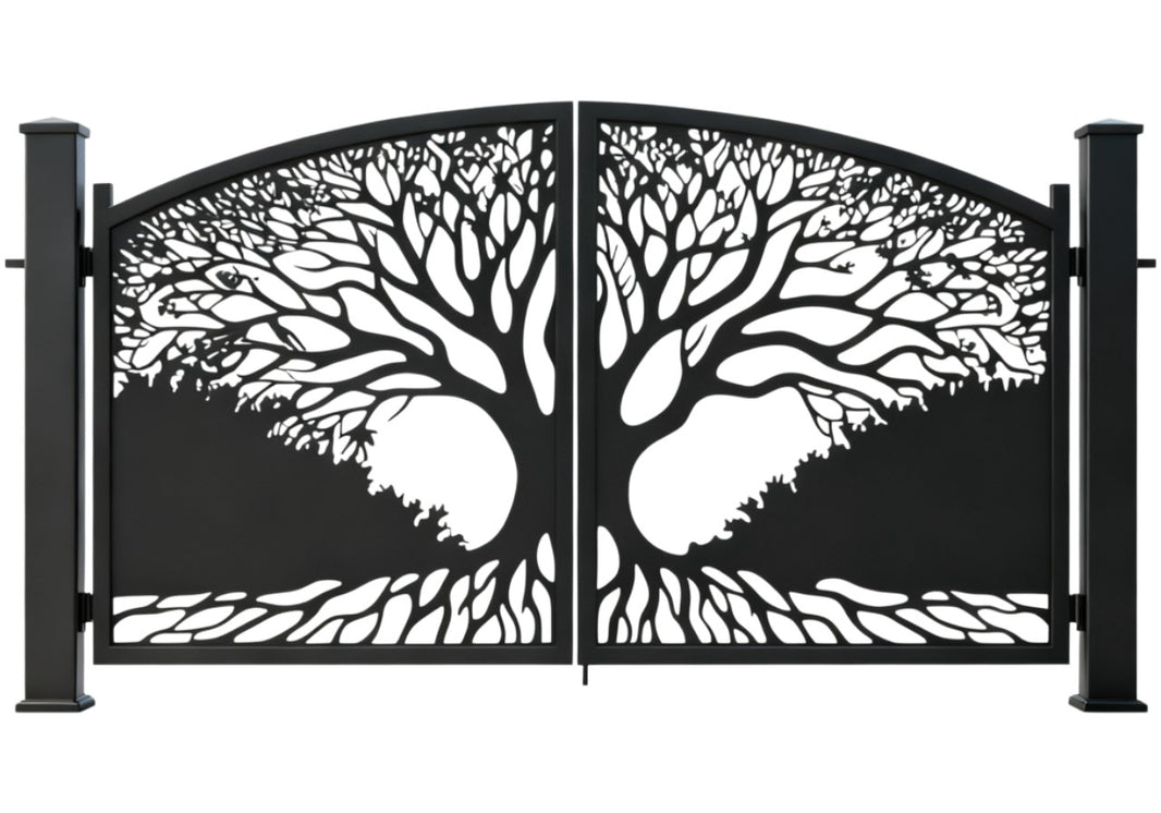 Sylvan Embrace — Wrought Iron Gate with Intertwining Tree Canopy Model # DWG051