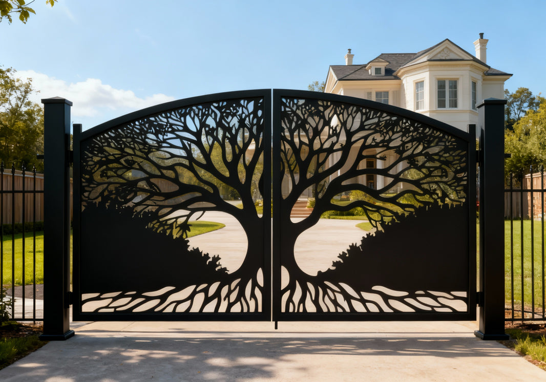 Sylvan Embrace — Wrought Iron Gate with Intertwining Tree Canopy Model # DWG051