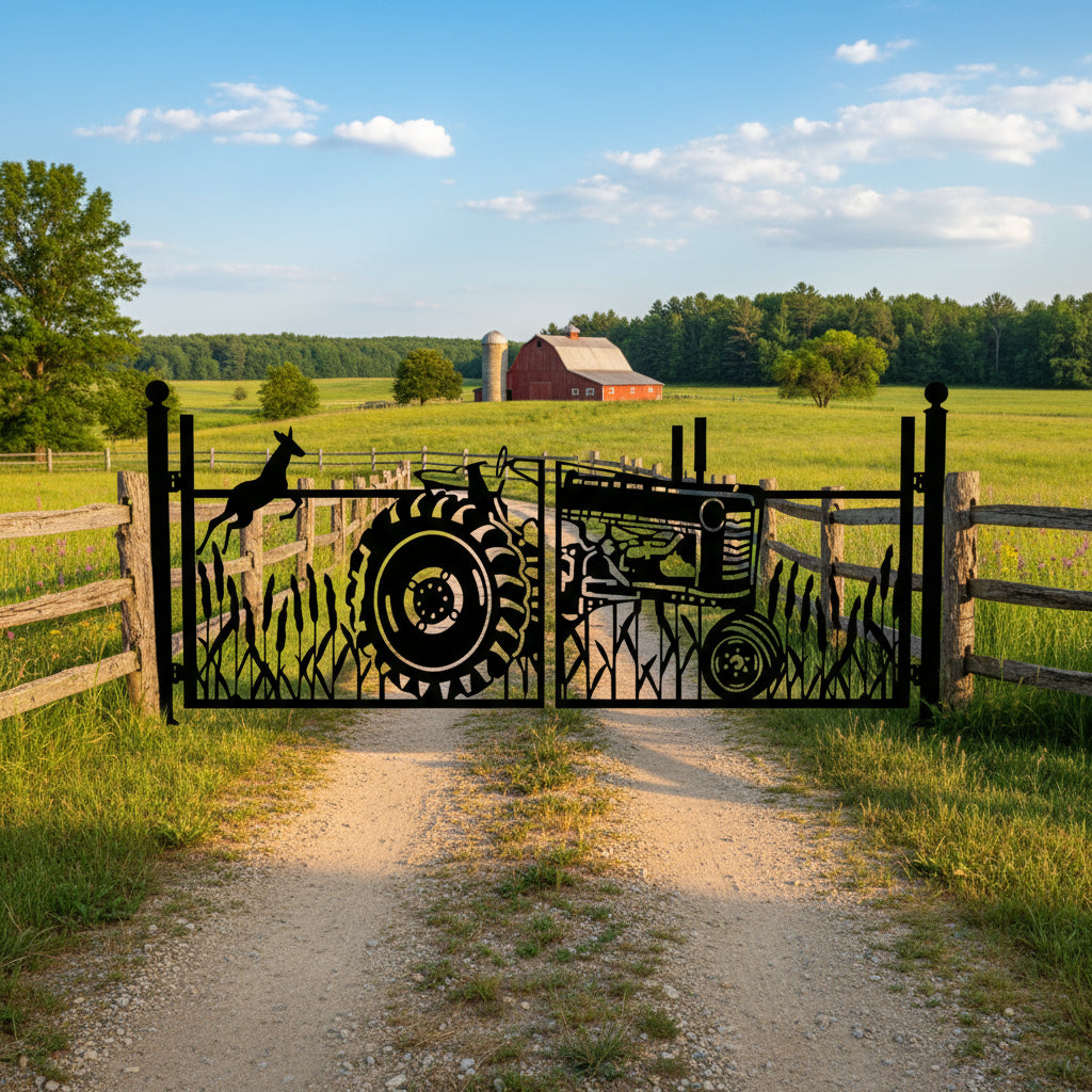 Harvest Run – Wrought Iron Gate with Tractor & Horse Motif Model # DWG052