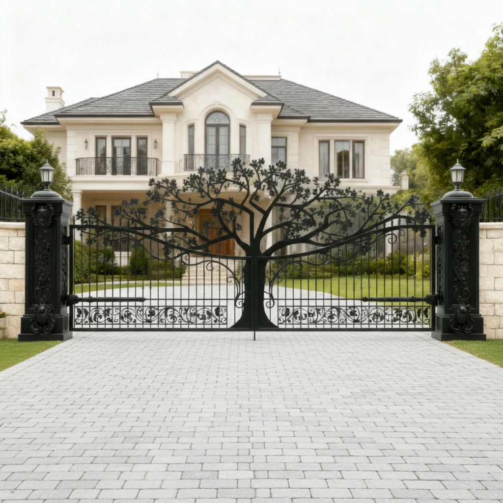 Canopy Sovereign – Tree & Scrollwork Wrought Iron Driveway Gate Model # DWG0533