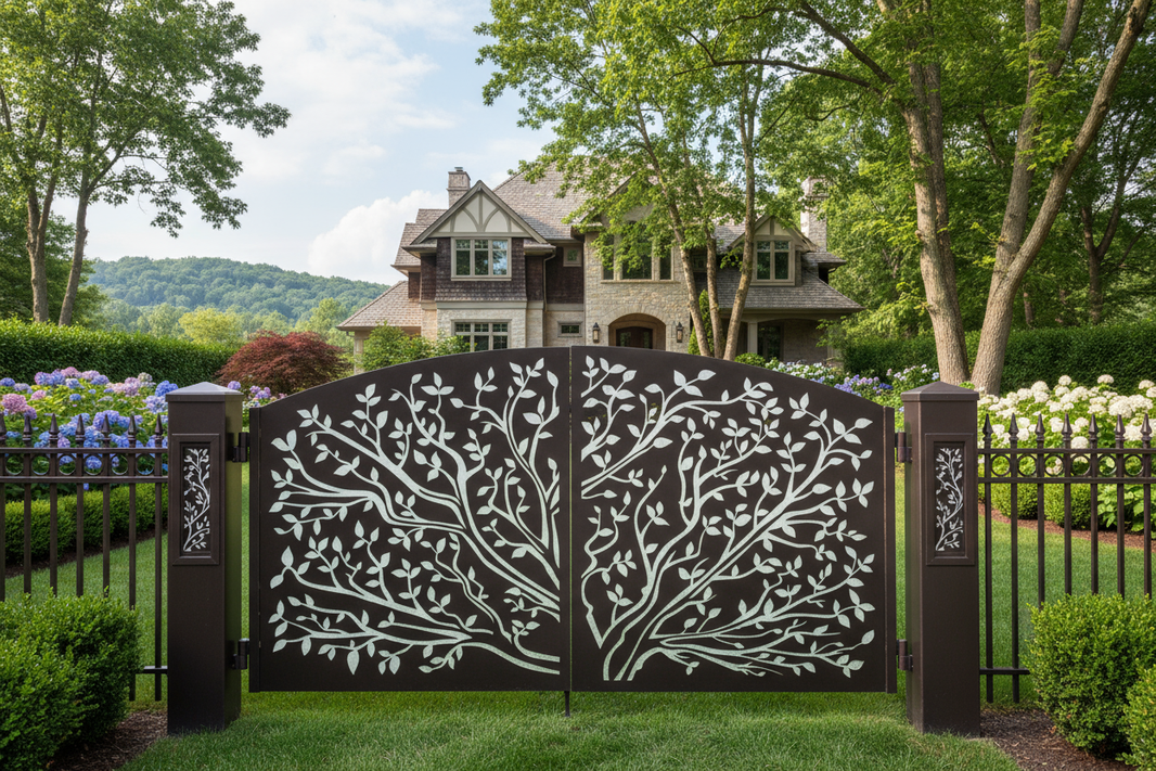 Branch line Estate – Tree Silhouette Plasma Cut Driveway Steel Gate Model # DWG054
