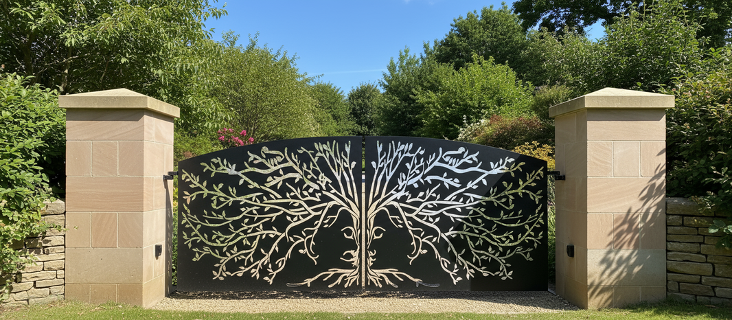 Unity Tree – High-Contrast Plasma-Cut Steel Driveway Gate Model # DWG0544