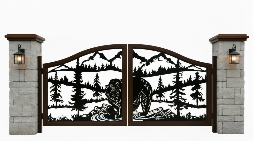 Grizzly Hollow – Bear & Mountain Scene Wrought Iron Driveway Gate Model # DWG055