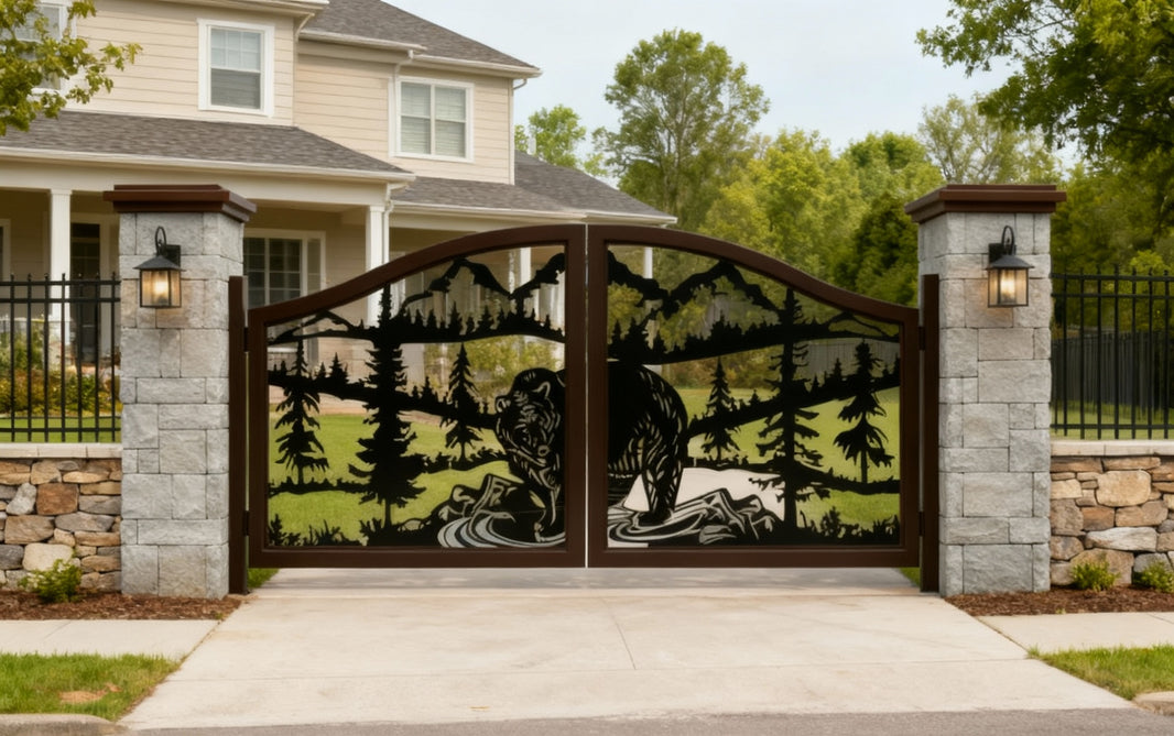 Grizzly Hollow – Bear & Mountain Scene Wrought Iron Driveway Gate Model # DWG055
