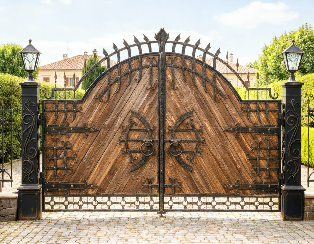 Timber crest Artisan – Handcrafted Chevron Wood & Iron Estate Gate Model # DWG0577