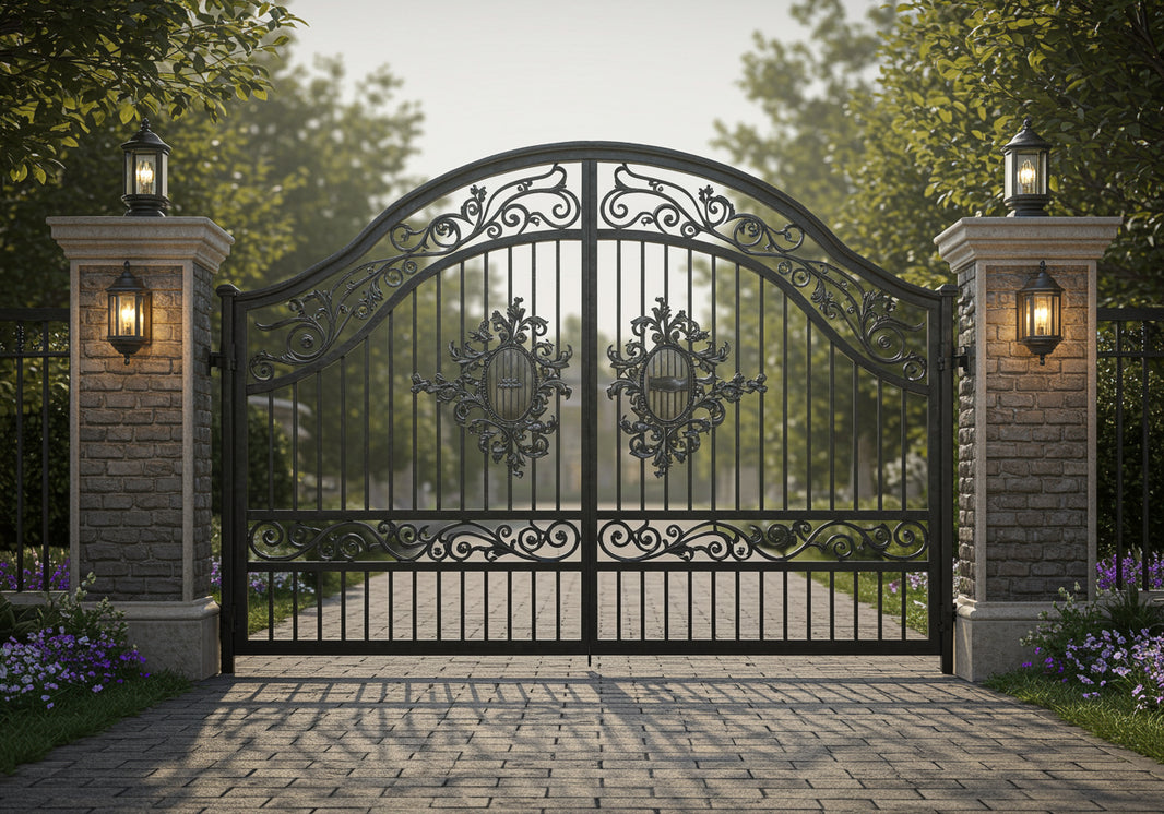 Scroll crest  – Ornate Wrought Iron Gate with Floral Scrolls Model # DWG058