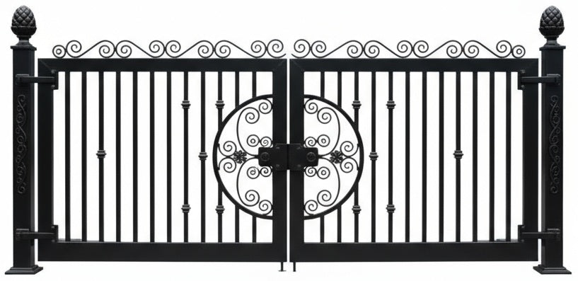 Scroll spire Regent – Wrought Iron Gate with Central Medallion & Pinecone Finials Model # DWG059