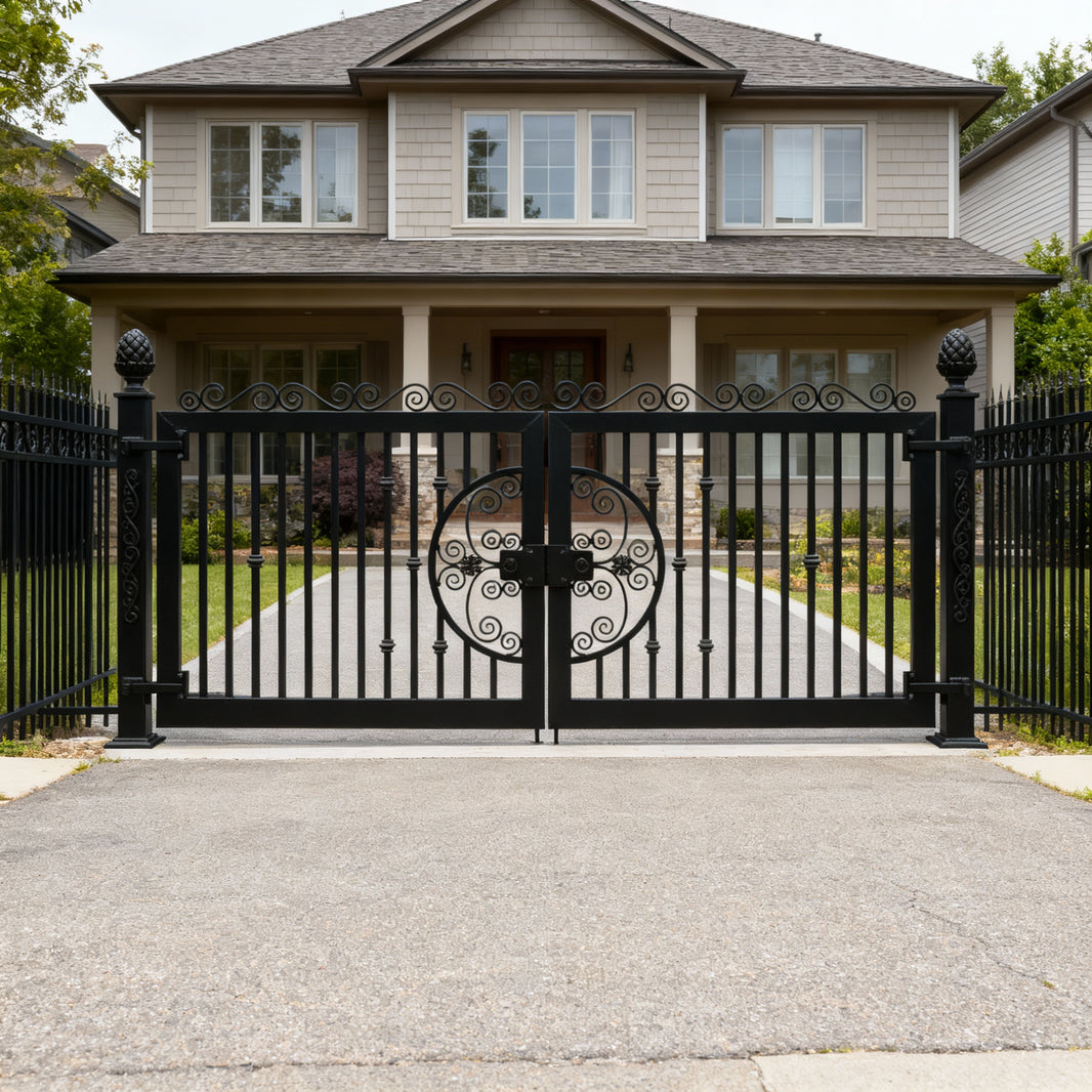Scroll spire Regent – Wrought Iron Gate with Central Medallion & Pinecone Finials Model # DWG059