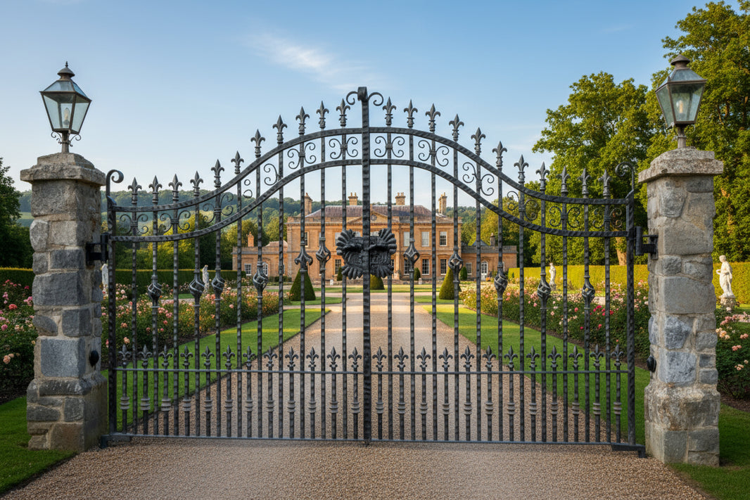 Fleurcrest Royale – Wrought Iron Gate with Gold Accents & Central Emblem Model # DWG061