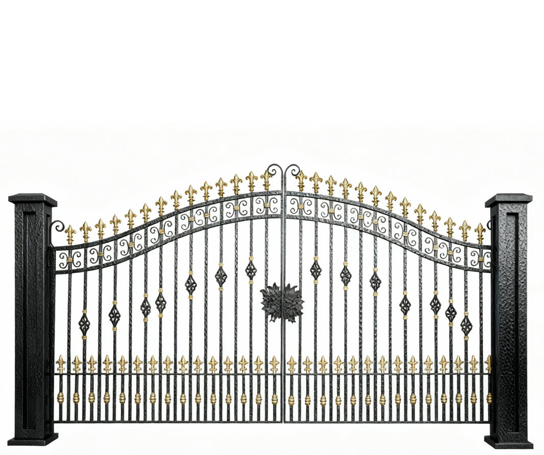 Fleurcrest Royale – Wrought Iron Gate with Gold Accents & Central Emblem Model # DWG061