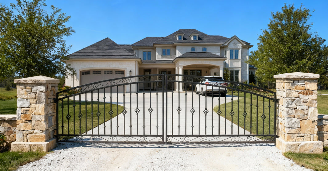 Archeline Heritage – Arched Wrought Iron Driveway Gate with Scrollwork Model # DWG063