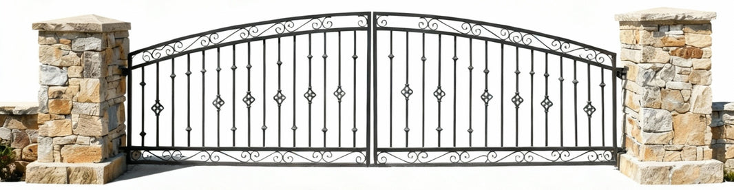 Archeline Heritage – Arched Wrought Iron Driveway Gate with Scrollwork Model # DWG063