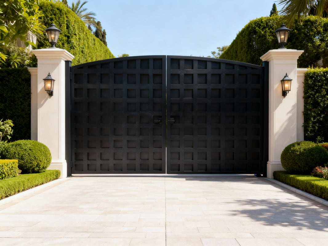 Grid crest Manor – Ornate Estate Gate with Square Panel Design Model # DWG067