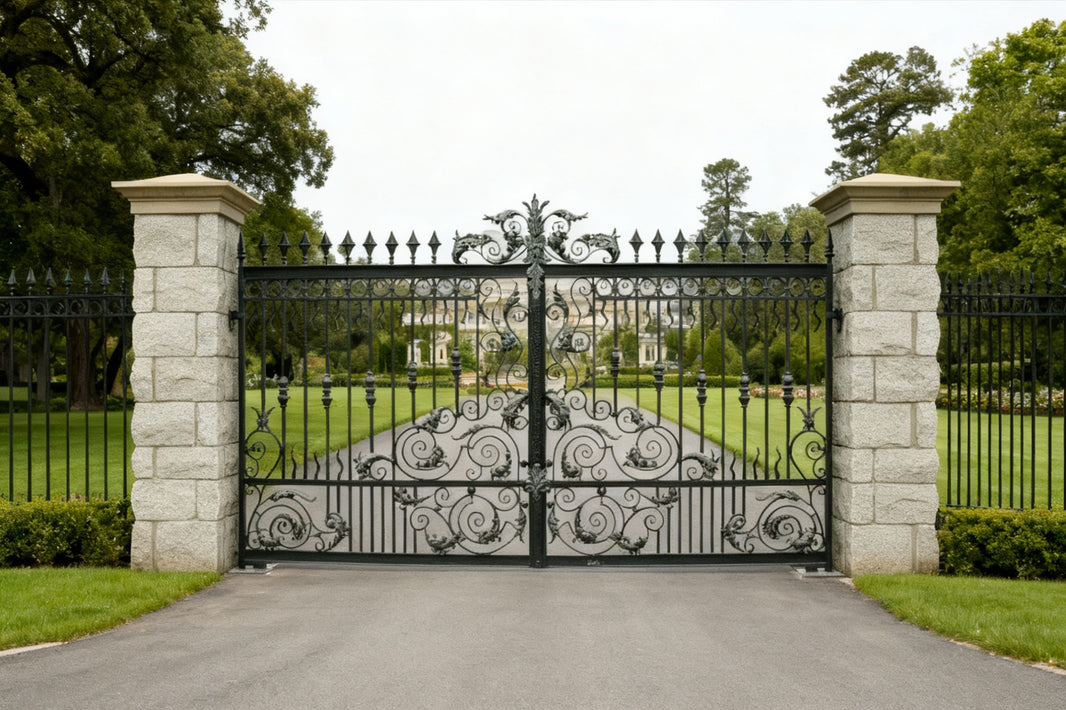 Grand spire Estate Gate – Wrought Iron Gate with Scroll Panels Model # DWG068