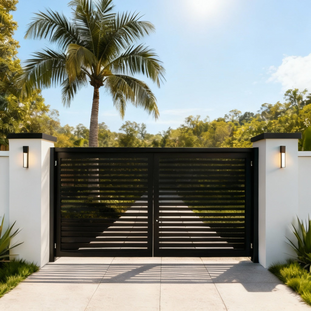 TriAxis Modern – Geometric Slat Steel Driveway Gate Model # DWG070