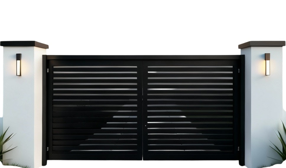 TriAxis Modern – Geometric Slat Steel Driveway Gate Model # DWG070