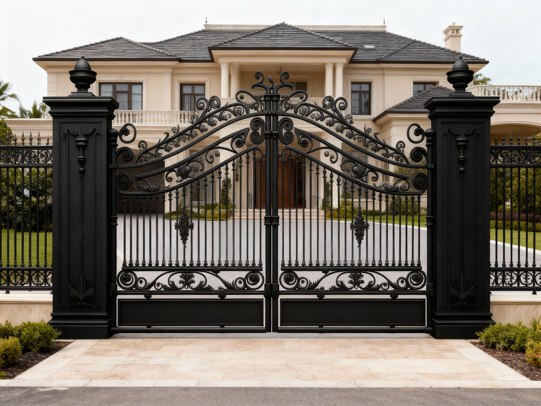 Imperial Grace – Ornamental Wrought Iron Estate Gate | Grand Scrollwork & Floral Detailing  Model # DWG072