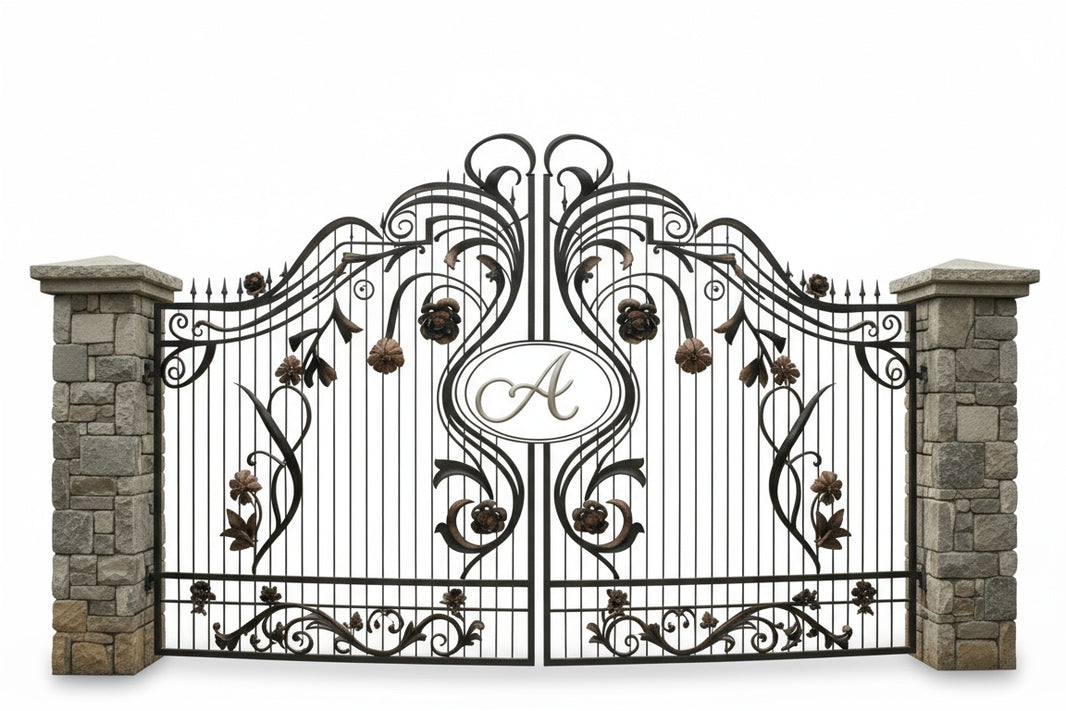 Aurelian Crest – Monogrammed Scrollwork Wrought Iron Estate Gate Model # DWG074