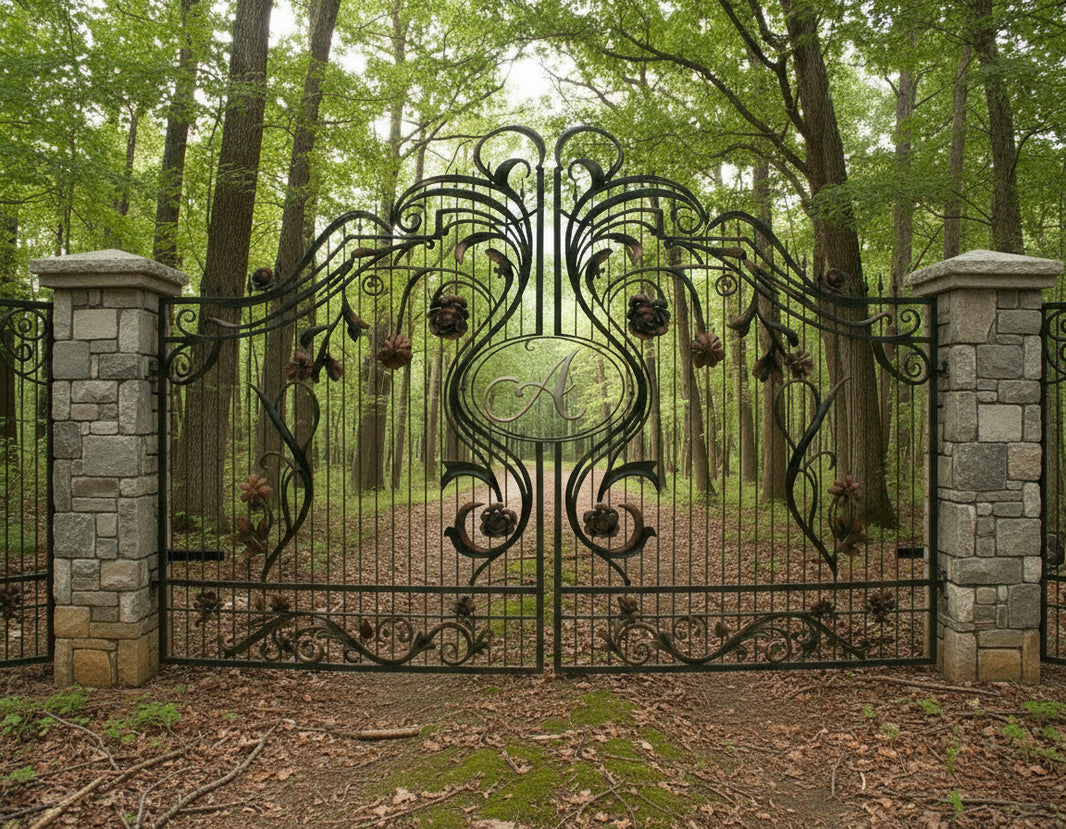 Aurelian Crest – Monogrammed Scrollwork Wrought Iron Estate Gate Model # DWG074