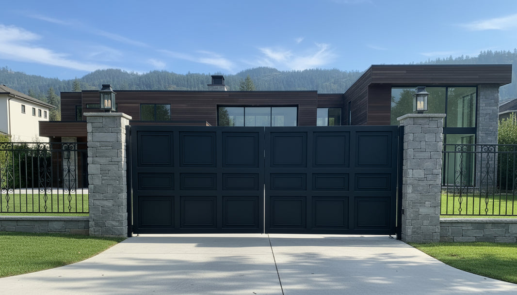 Stonecrest Classic – Rectangular Panel Steel Gate with Lantern Pillars Model # DWG075