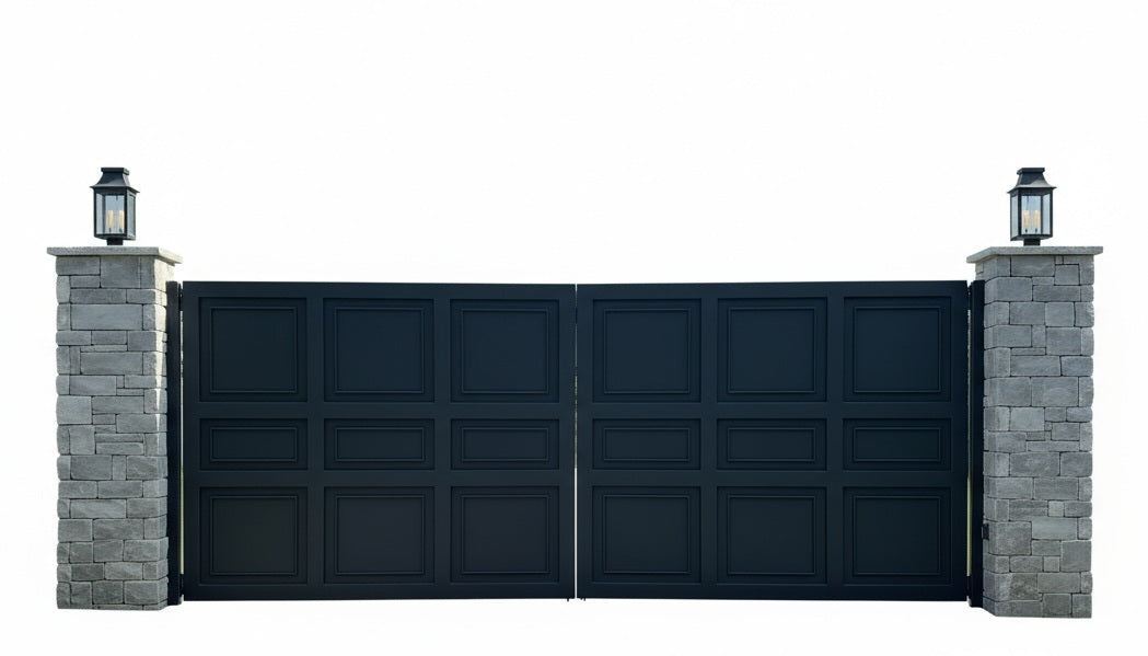 Stonecrest Classic – Rectangular Panel Steel Gate with Lantern Pillars Model # DWG075