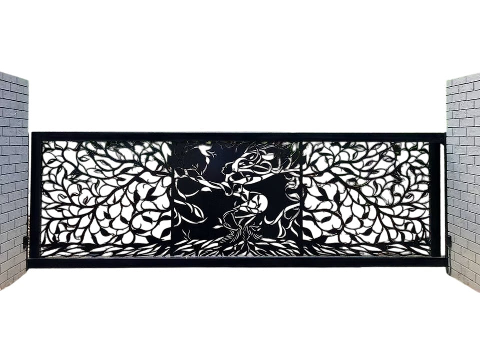 Harmony Grove – Nature-Inspired Plasma-Cut Steel Gate with Tree & Birds Motif | Made in Canada – Model # DWG078