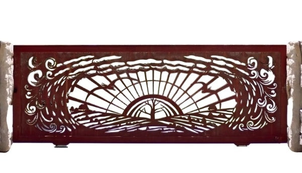 Sunrise Serenity – Plasma-Cut Decorative Driveway Steel Gate – Model # DWG079
