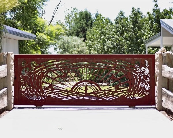 Sunrise Serenity – Plasma-Cut Decorative Driveway Steel Gate – Model # DWG079