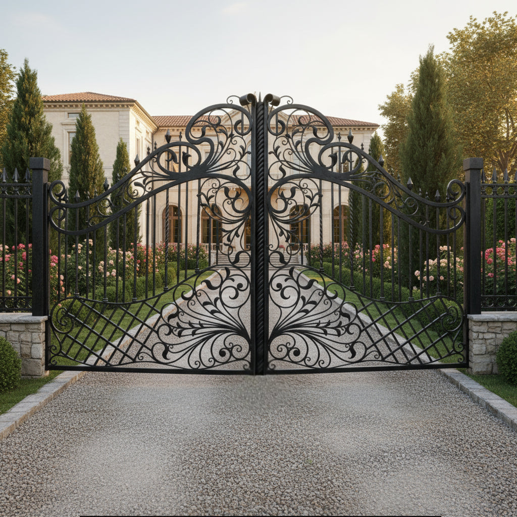 Lantern crest Bloom – Wrought Iron Gate with Leaf Scrolls Model # DWG080
