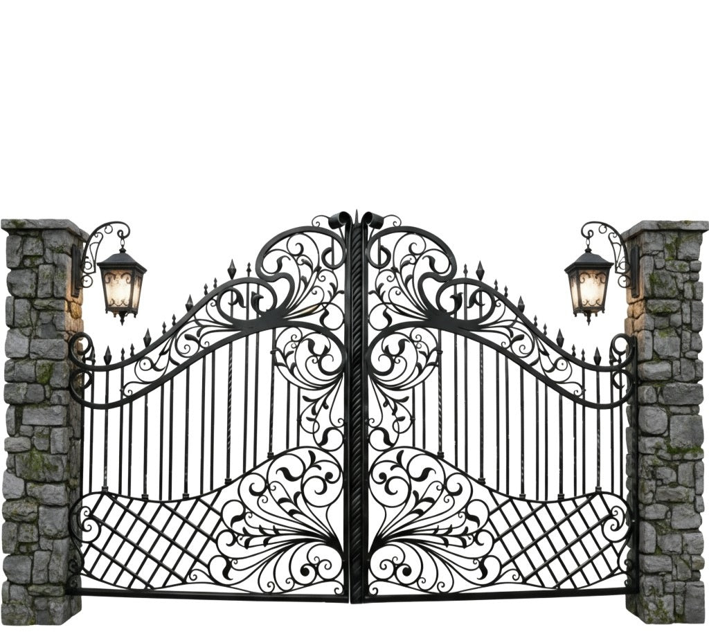 Lantern crest Bloom – Wrought Iron Gate with Leaf Scrolls Model # DWG080