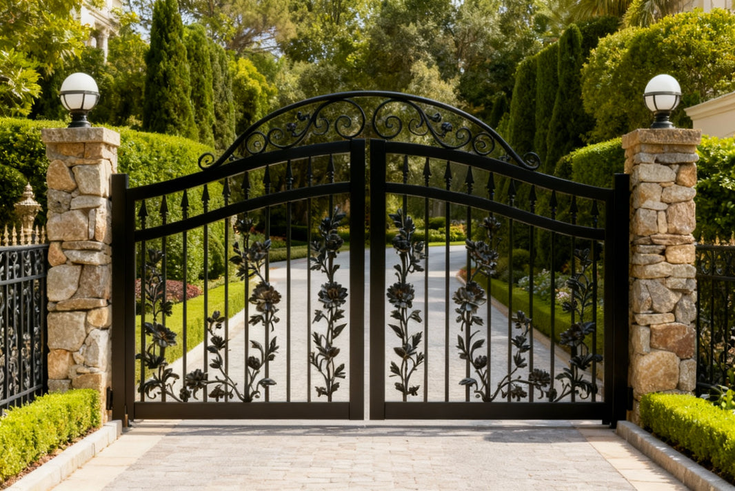 Birdsong Bloom gate – Wrought Iron Gate with Floral Scrolls & Bird Motifs Model # DWG081
