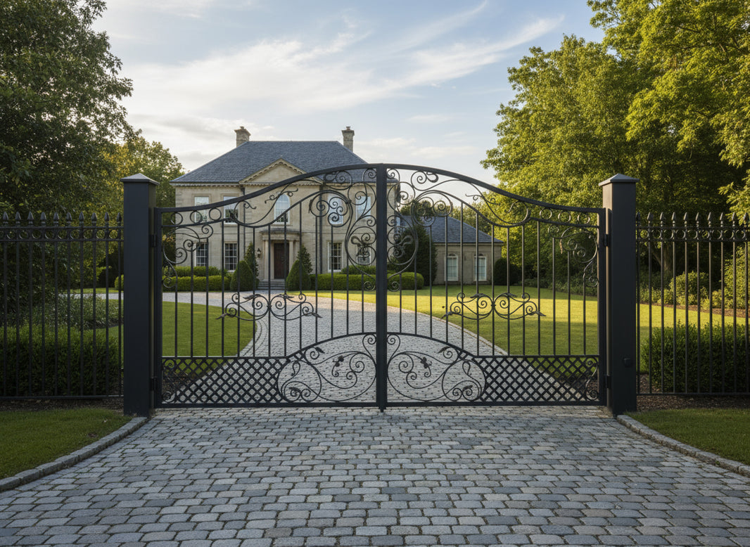 Louis XIV Ornamental Wrought Iron Driveway Gate Double Swing with Gold Scrollwork & Lattice Design – Model DWG083