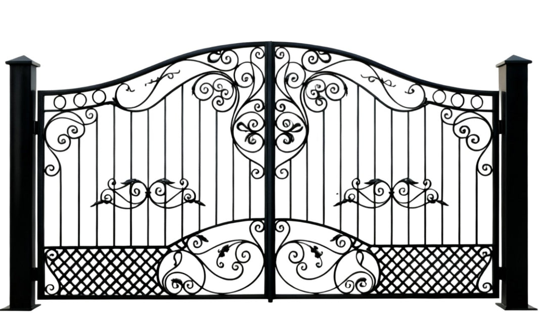 Louis XIV Ornamental Wrought Iron Driveway Gate Double Swing with Gold Scrollwork & Lattice Design – Model DWG083