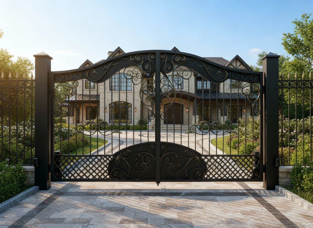 Louis XIV Ornamental Wrought Iron Driveway Gate Double Swing with Gold Scrollwork & Lattice Design – Model DWG0833