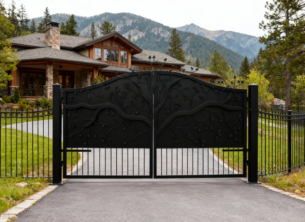 Tree crest Haven Gate – Ornate Wrought Iron Gate with Tree & Bird Motif Model # DWG085