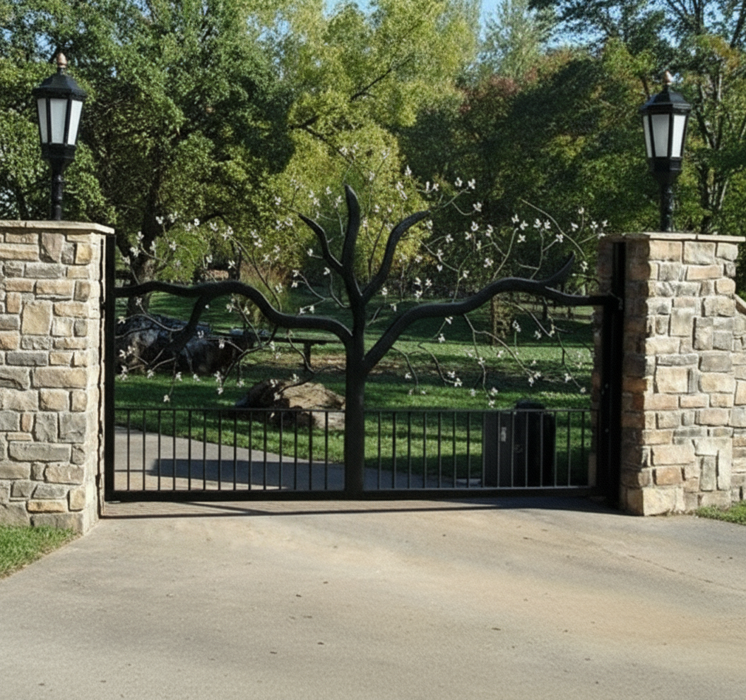 3D Canopy Grace – Tree Silhouette Wrought Iron Driveway Gate Model # DWG085