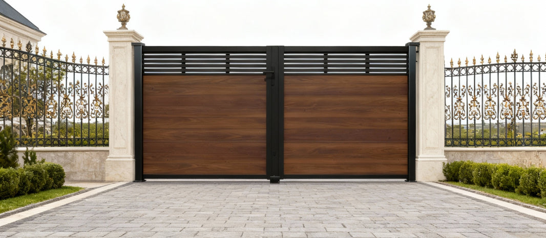 Timberline Horizon – Wood & Metal Gate with Slatted Upper Panels Model # DWG086